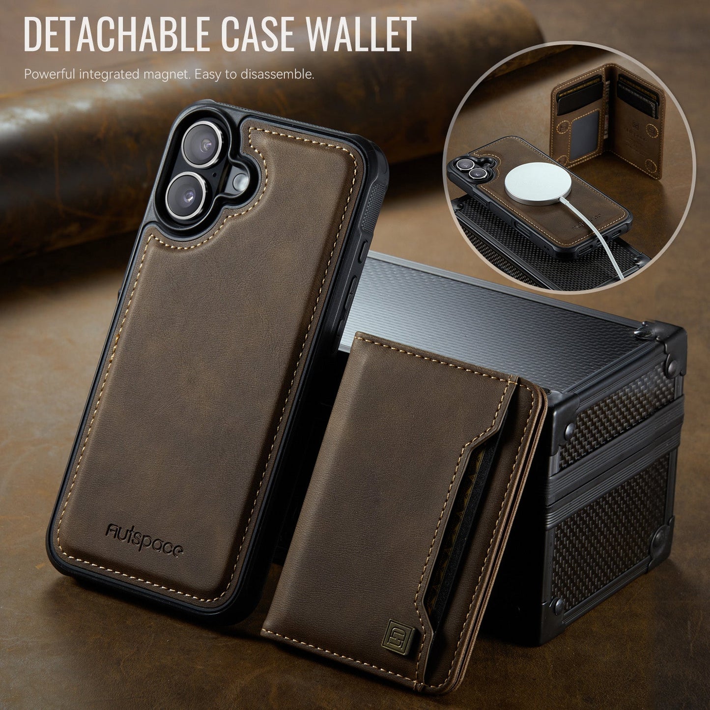 For iPhone 16 Case AUTSPACE A13 Vintage Leather Back Cover with Magnetic Detachable Card Bag - Coffee