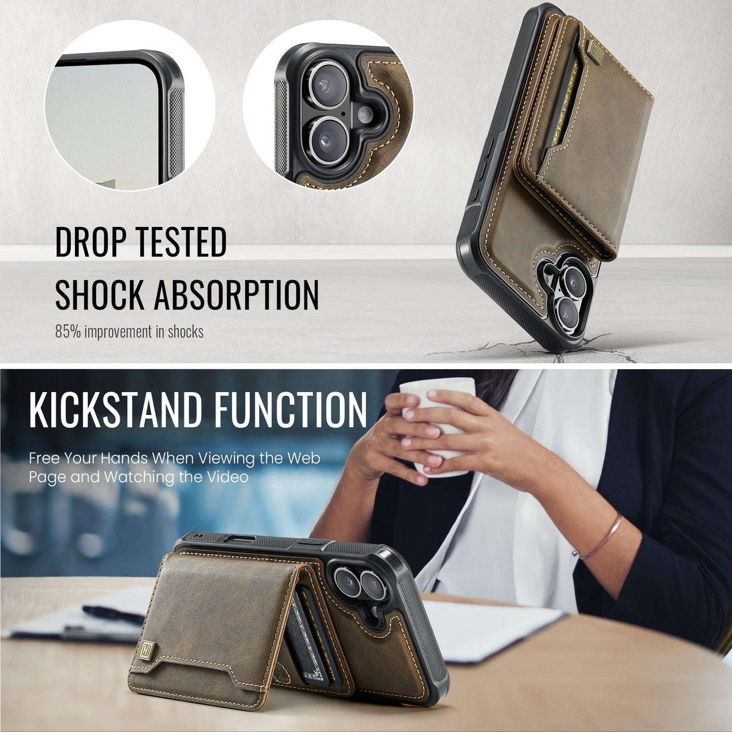 For iPhone 16 Case AUTSPACE A13 Vintage Leather Back Cover with Magnetic Detachable Card Bag - Coffee