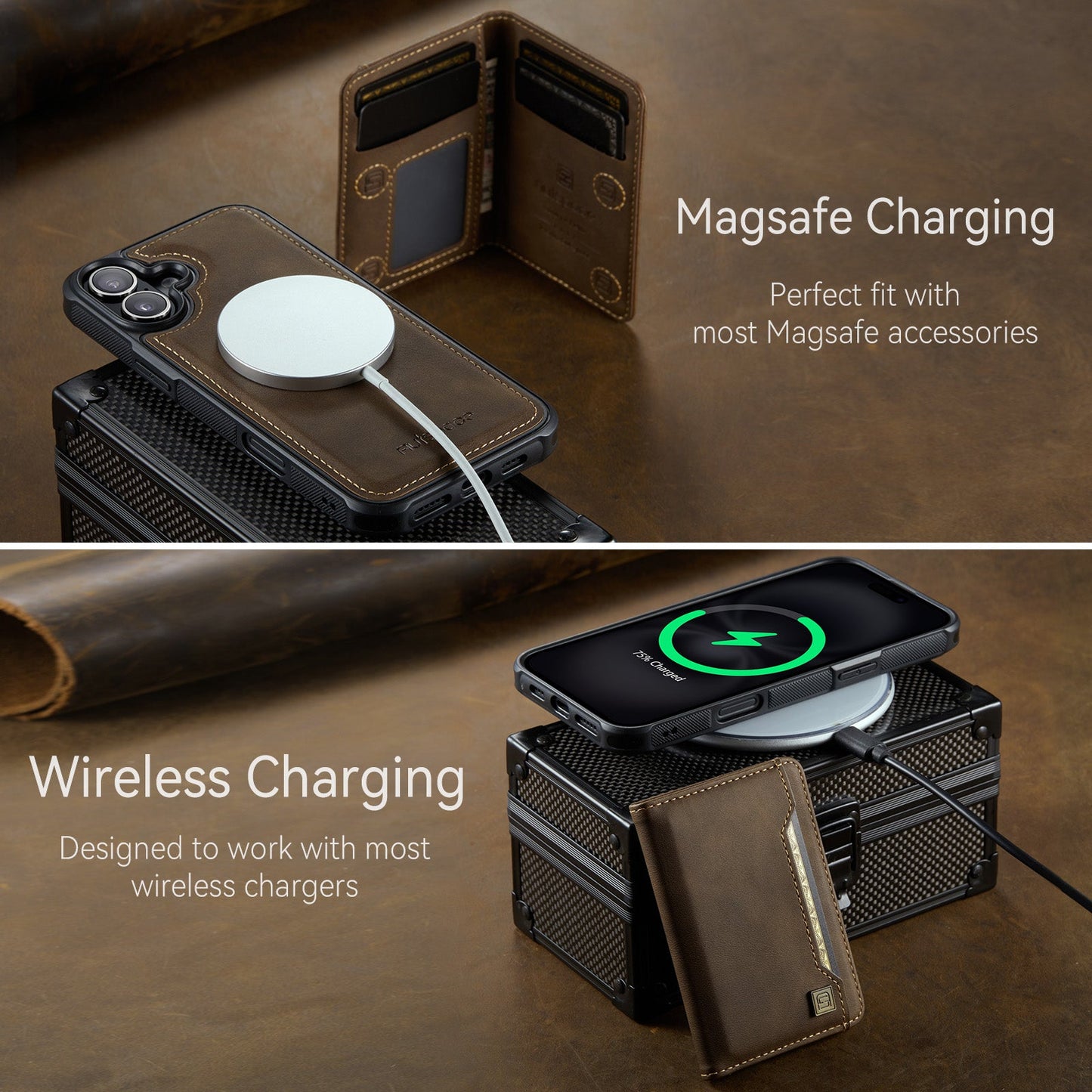 For iPhone 16 Case AUTSPACE A13 Vintage Leather Back Cover with Magnetic Detachable Card Bag - Coffee