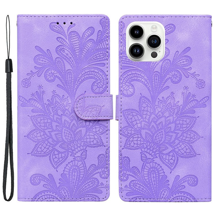 For iPhone 16 Pro Case Imprinted Lace Flowers PU Leather Wallet Phone Cover - Purple