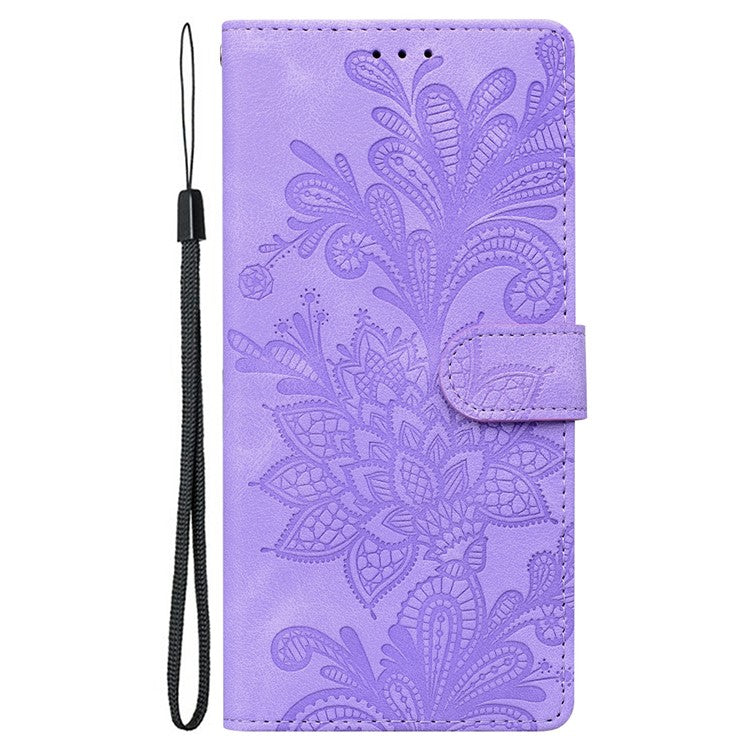 For iPhone 16 Pro Case Imprinted Lace Flowers PU Leather Wallet Phone Cover - Purple