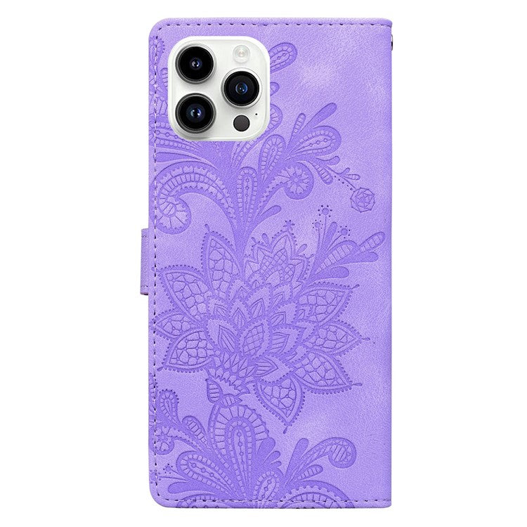 For iPhone 16 Pro Case Imprinted Lace Flowers PU Leather Wallet Phone Cover - Purple