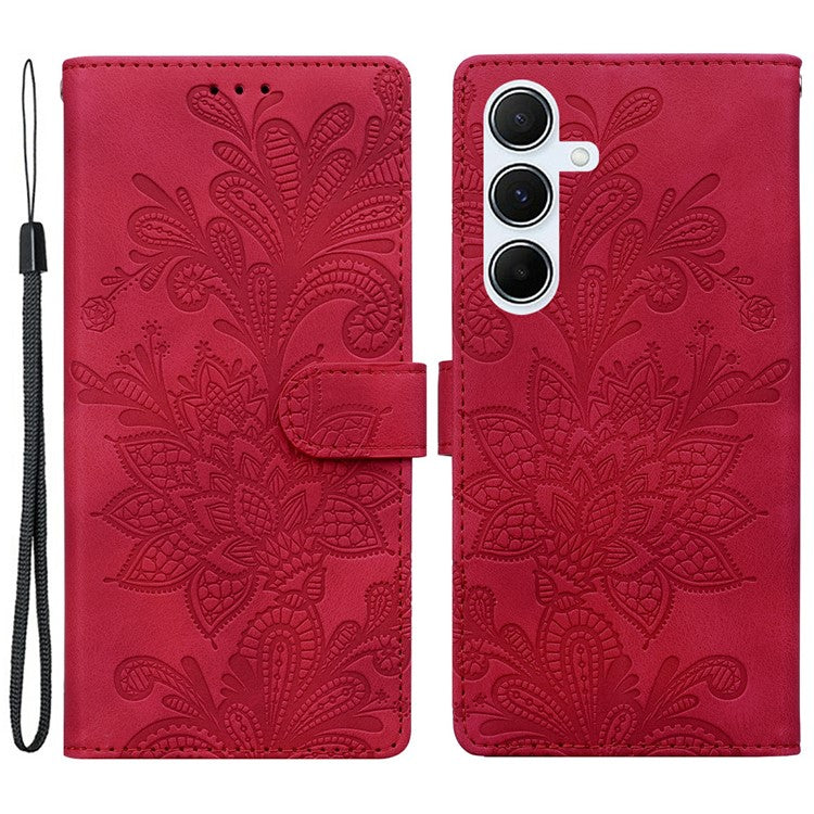 For Samsung Galaxy A55 5G Case Imprinted Lace Flowers PU Leather Wallet Phone Cover - Red
