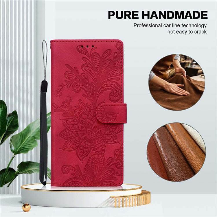 For Samsung Galaxy A55 5G Case Imprinted Lace Flowers PU Leather Wallet Phone Cover - Red