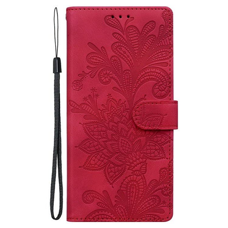 For Samsung Galaxy A55 5G Case Imprinted Lace Flowers PU Leather Wallet Phone Cover - Red