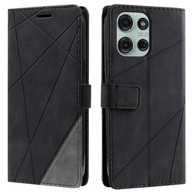 For Motorola Moto G75 5G Case Imprinted Lines PU Leather Splicing Wallet Phone Cover - Black