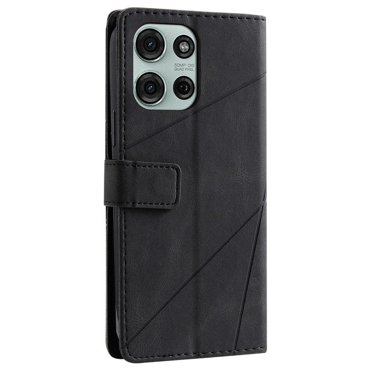 For Motorola Moto G75 5G Case Imprinted Lines PU Leather Splicing Wallet Phone Cover - Black