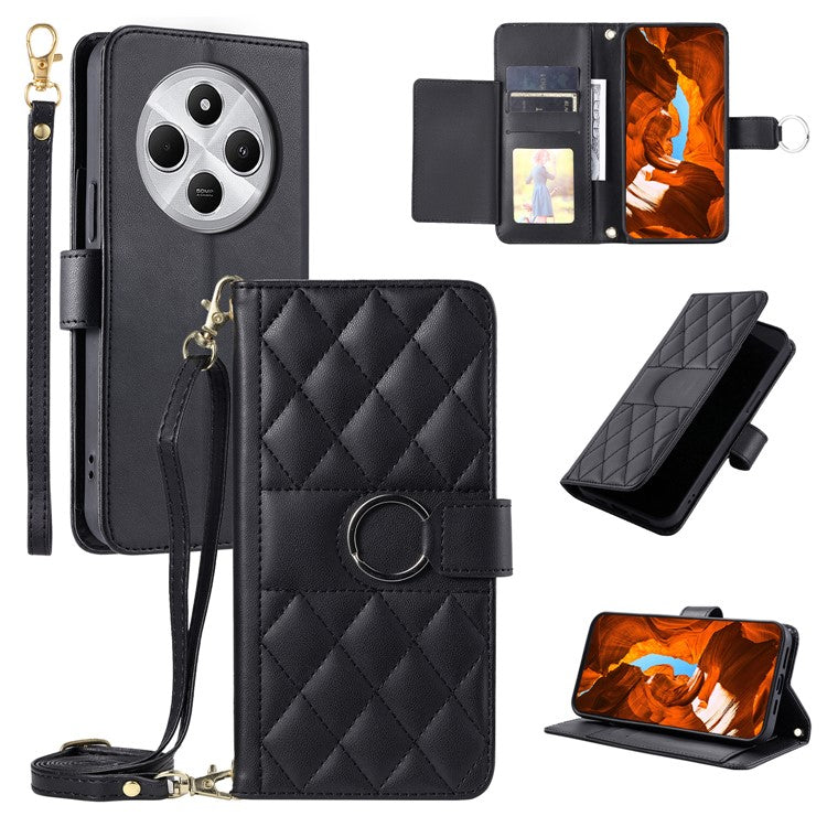 Crossbody Leather Case for Xiaomi Redmi A3 Pro 4G / Poco C75 4G / Redmi 14R 5G / 14C 4G Rhombus Mobile Cover - Black