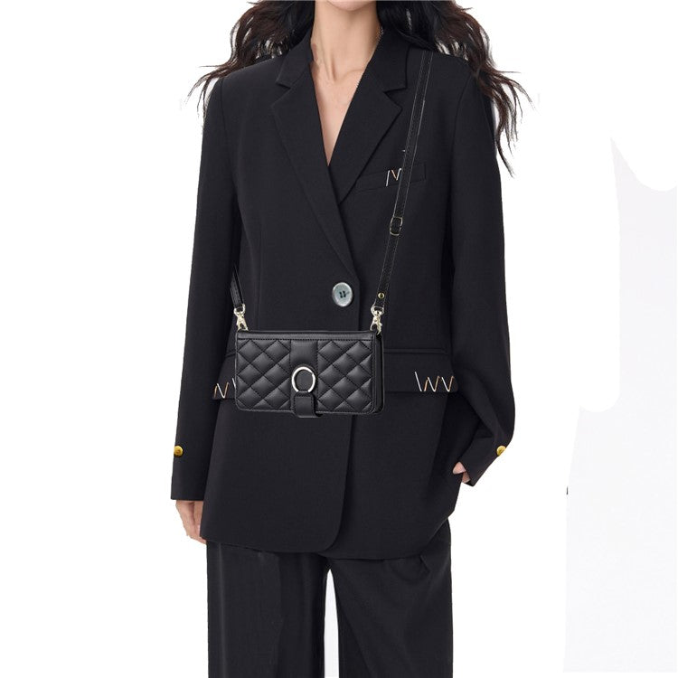 Crossbody Leather Case for Xiaomi Redmi A3 Pro 4G / Poco C75 4G / Redmi 14R 5G / 14C 4G Rhombus Mobile Cover - Black