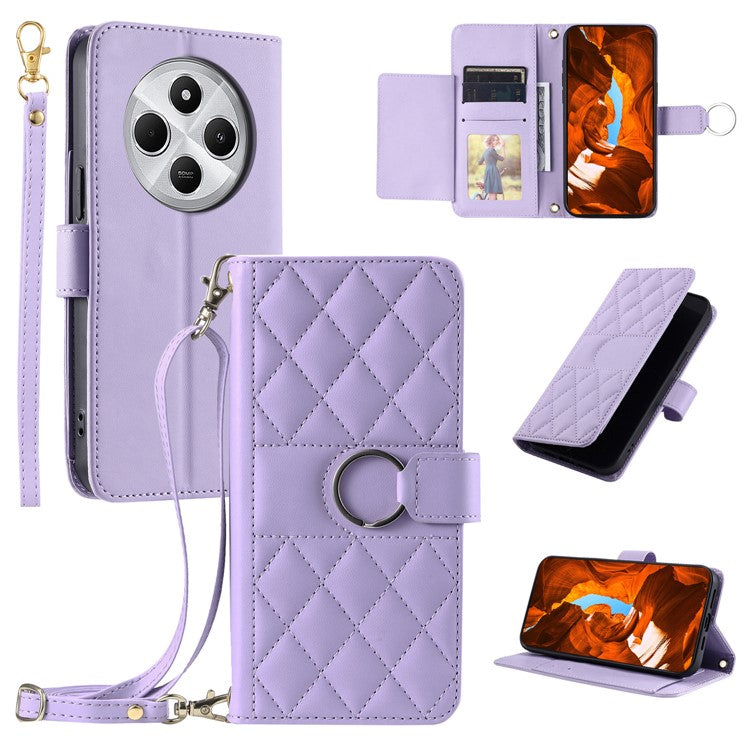 Crossbody Leather Case for Xiaomi Redmi A3 Pro 4G / Poco C75 4G / Redmi 14R 5G / 14C 4G Rhombus Mobile Cover - Purple