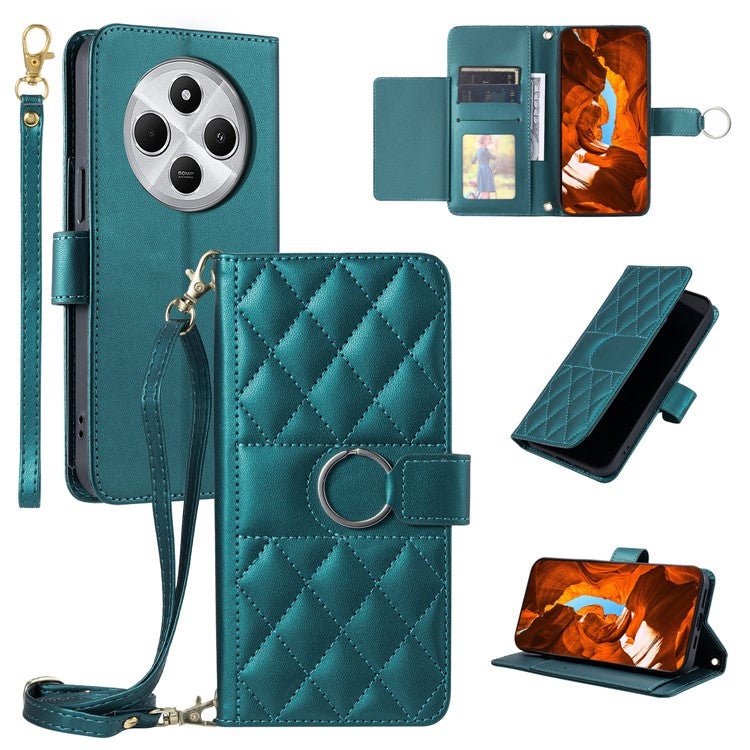 Crossbody Leather Case for Xiaomi Redmi A3 Pro 4G / Poco C75 4G / Redmi 14R 5G / 14C 4G Rhombus Mobile Cover - Green