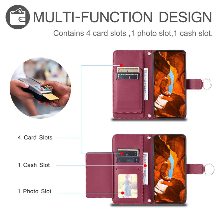 Crossbody Leather Case for Xiaomi Redmi A3 Pro 4G / Poco C75 4G / Redmi 14R 5G / 14C 4G Rhombus Mobile Cover - Red