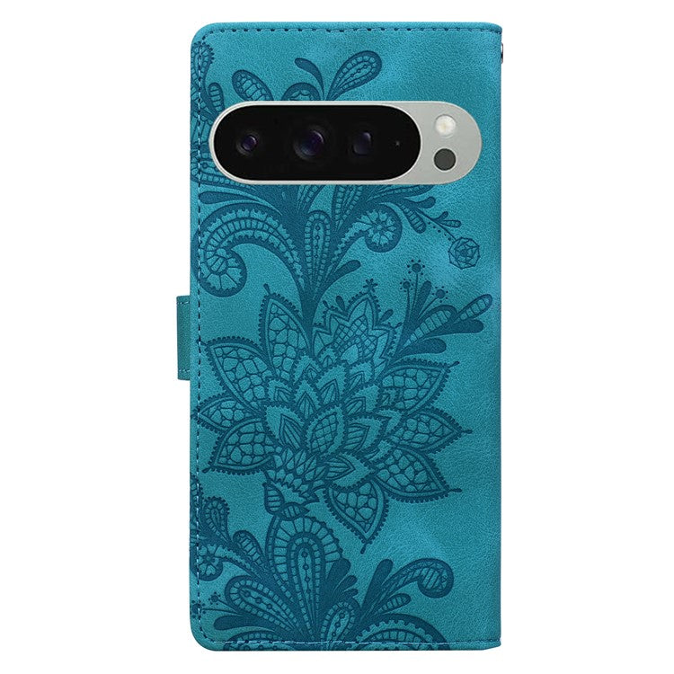 For Google Pixel 9 Pro XL Case Imprinted Lace Flowers PU Leather Wallet Phone Cover - Green