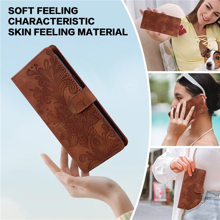 For Google Pixel 9 Pro XL Case Imprinted Lace Flowers PU Leather Wallet Phone Cover - Brown