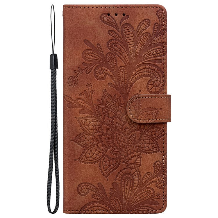For Google Pixel 9 Pro XL Case Imprinted Lace Flowers PU Leather Wallet Phone Cover - Brown