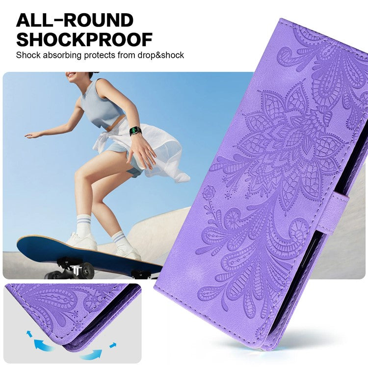 For Google Pixel 9 Pro XL Case Imprinted Lace Flowers PU Leather Wallet Phone Cover - Purple