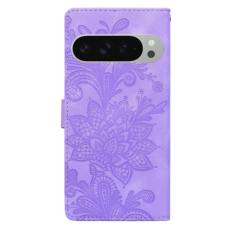 For Google Pixel 9 Pro XL Case Imprinted Lace Flowers PU Leather Wallet Phone Cover - Purple