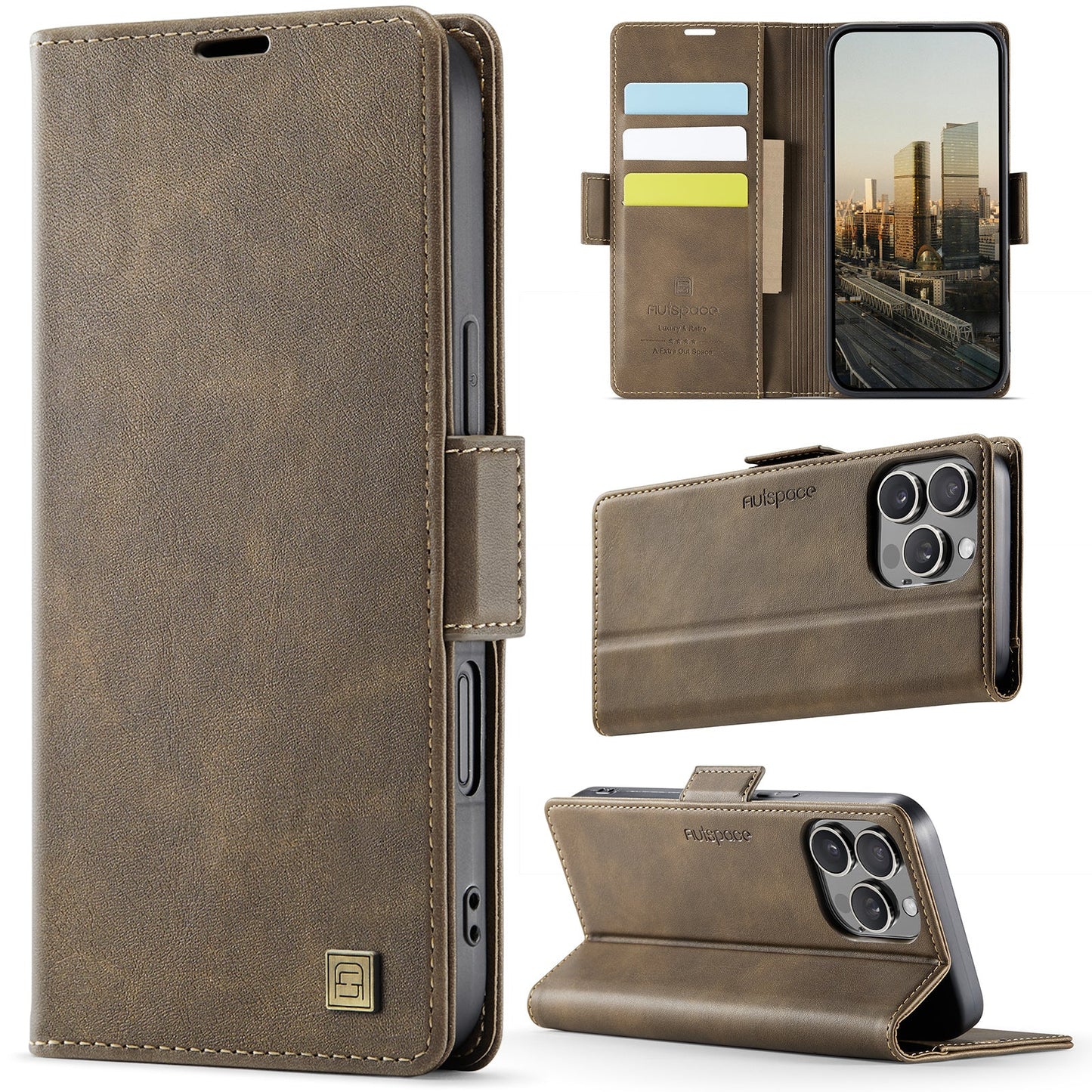 For iPhone 16 Pro Case AUTSPACE A11 RFID Blocking Retro Leather Cell Phone Wallet Cover - Brown