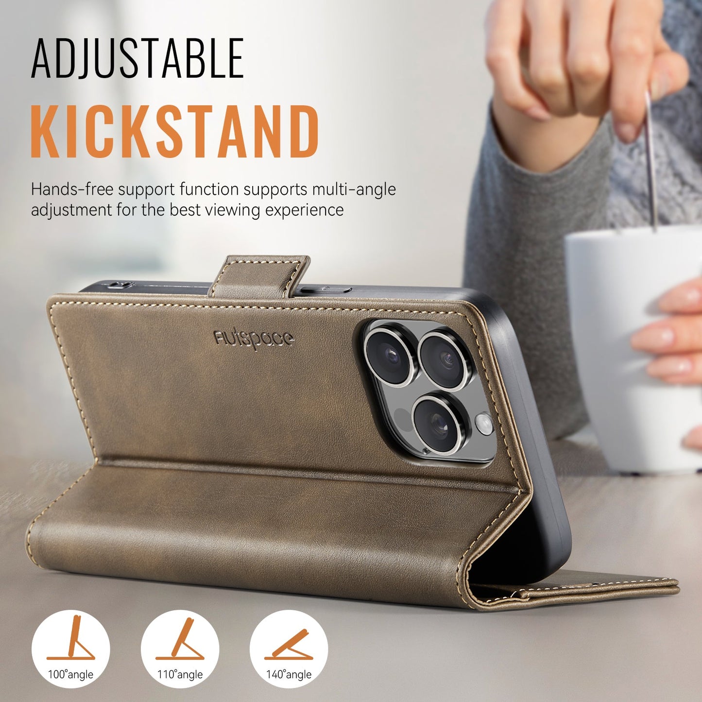 For iPhone 16 Pro Case AUTSPACE A11 RFID Blocking Retro Leather Cell Phone Wallet Cover - Brown