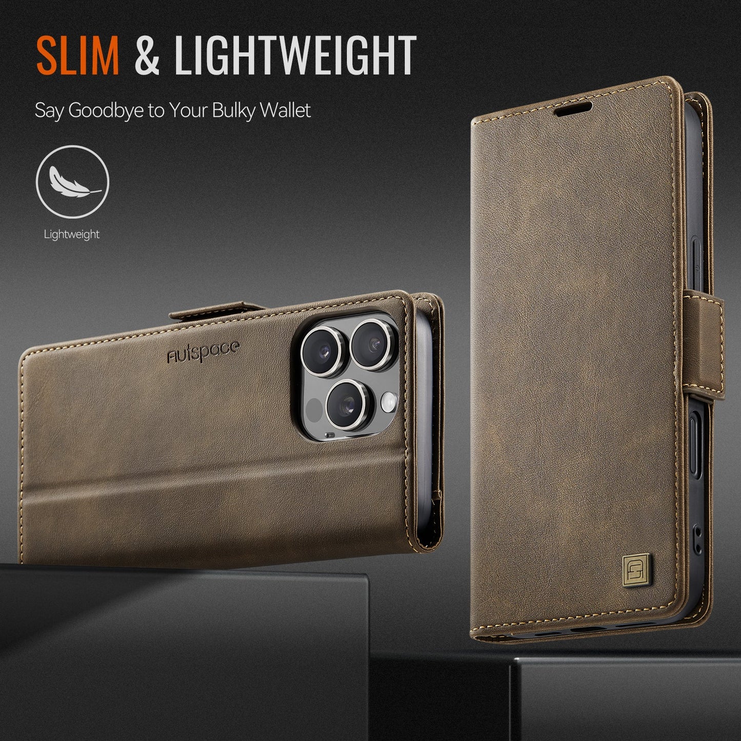 For iPhone 16 Pro Case AUTSPACE A11 RFID Blocking Retro Leather Cell Phone Wallet Cover - Brown