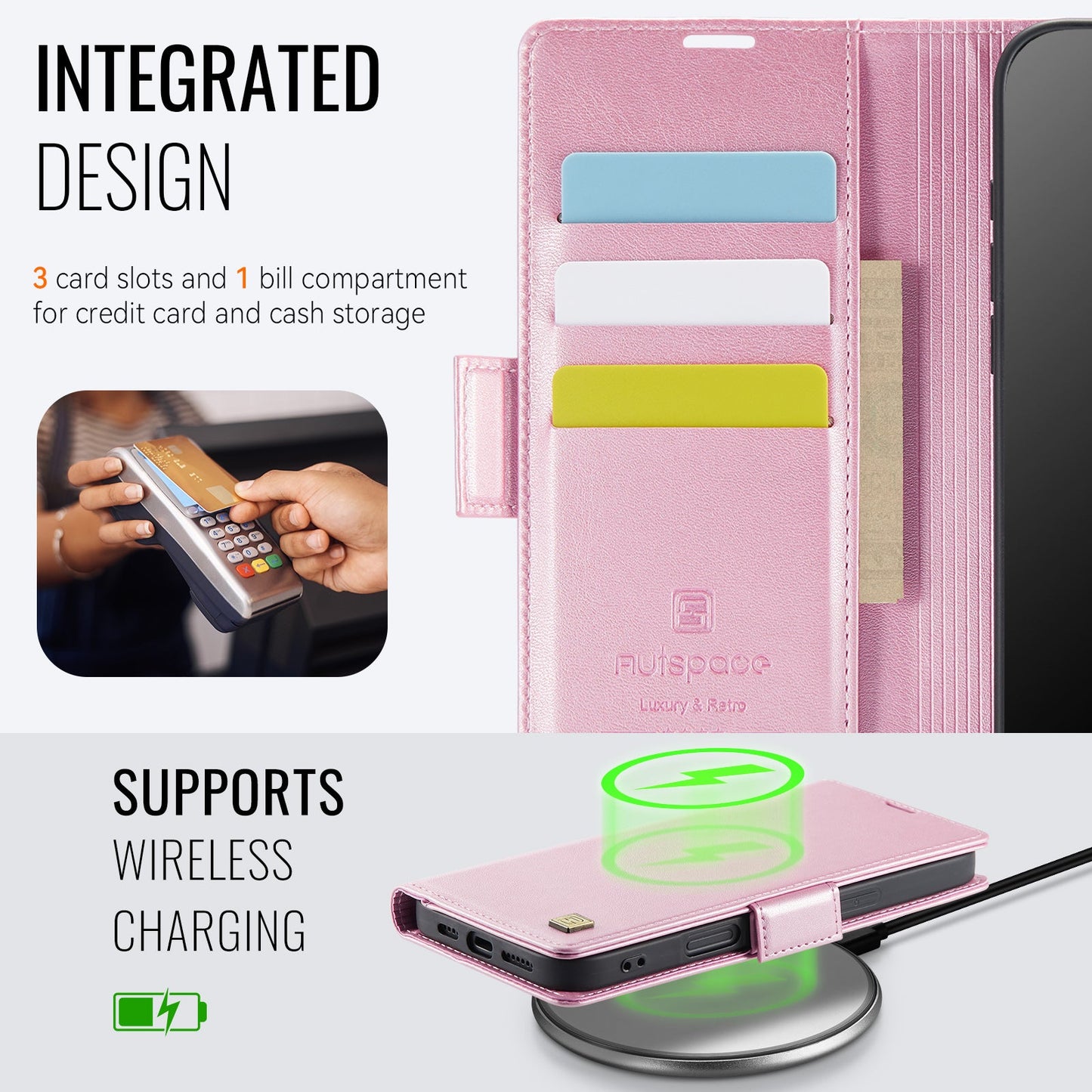 For iPhone 16 Plus Case AUTSPACE A11 RFID Blocking Retro Leather Cell Phone Wallet Cover - Pink