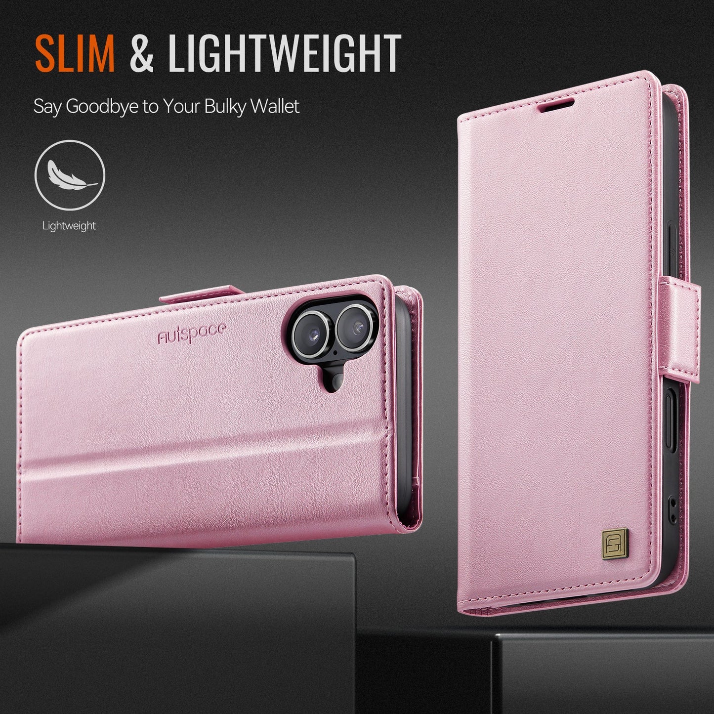 For iPhone 16 Plus Case AUTSPACE A11 RFID Blocking Retro Leather Cell Phone Wallet Cover - Pink