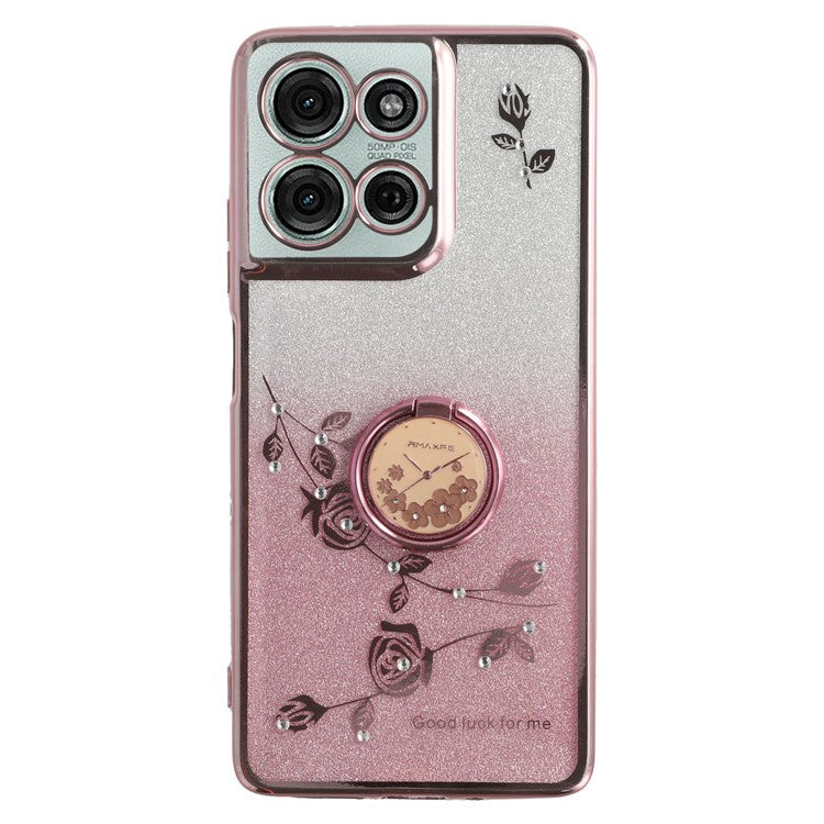 KADEM For Motorola Moto G75 5G Case Ring Kickstand TPU Flowers Phone Cover Gradient Glitter - Rose Gold
