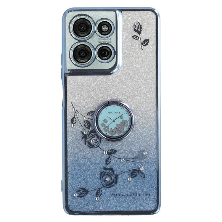 KADEM For Motorola Moto G75 5G Case Ring Kickstand TPU Flowers Phone Cover Gradient Glitter - Blue