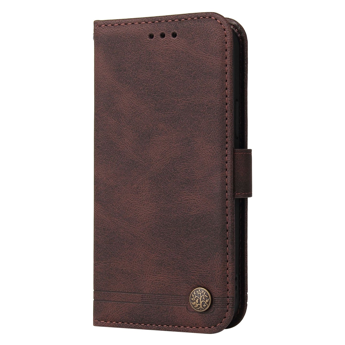 For vivo Y02s 4G / Y16 4G Lines Imprinted Skin-touch PU Leather Wallet Case Tree Pattern Metal Button Stand Flip Shockproof Cover with Strap - Brown