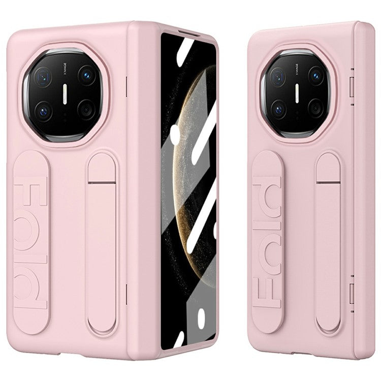 For Huawei Mate X6 Case Kickstand Wristband PC Phone Cover with Tempered Glass Film - Pink