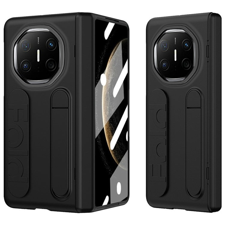 For Huawei Mate X6 Case Kickstand Wristband PC Phone Cover with Tempered Glass Film - Black
