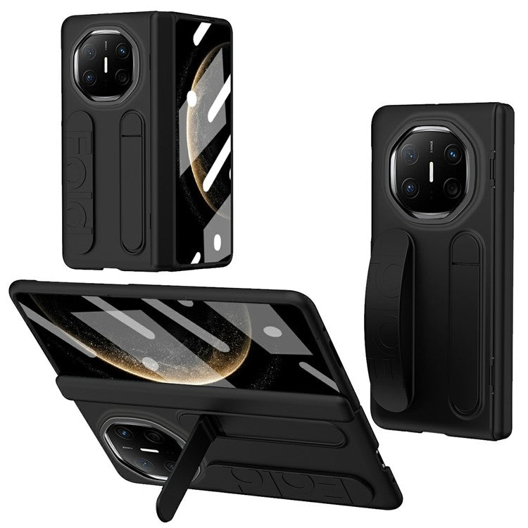 For Huawei Mate X6 Case Kickstand Wristband PC Phone Cover with Tempered Glass Film - Black