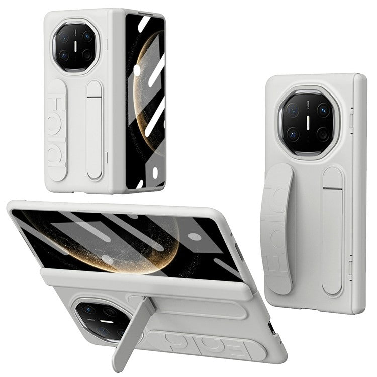 For Huawei Mate X6 Case Kickstand Wristband PC Phone Cover with Tempered Glass Film - White