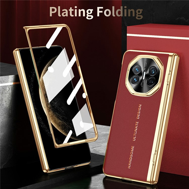 For Huawei Mate X6 Case PU Leather+PC Electroplating Phone Cover with Tempered Glass Screen Film - Black