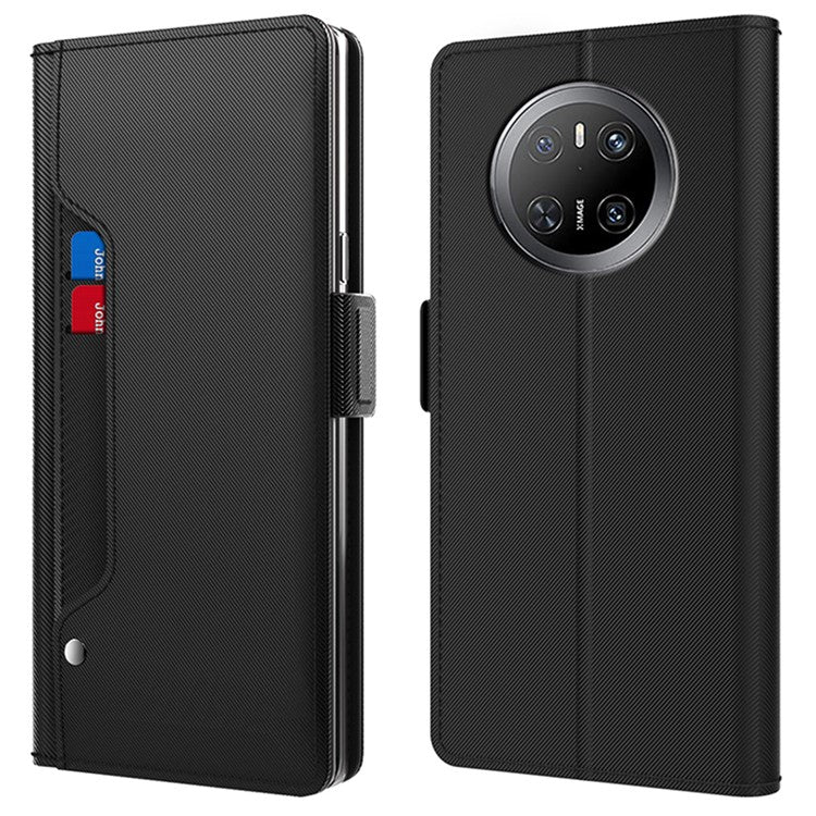 For Huawei Mate 70 Case Stand PU Leather Phone Cover Card Holder Mirror - Black