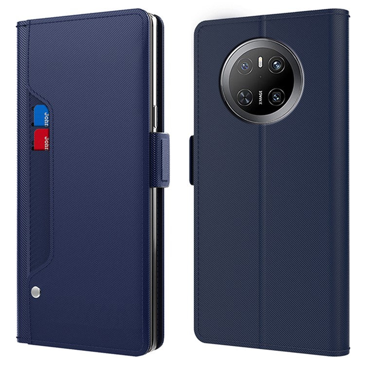 For Huawei Mate 70 Case Stand PU Leather Phone Cover Card Holder Mirror - Blue