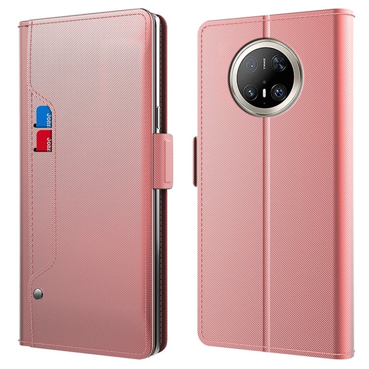 For Huawei Mate 70 Pro / 70 Pro+ Case Stand PU Leather Phone Cover Card Holder Mirror - Rose Gold
