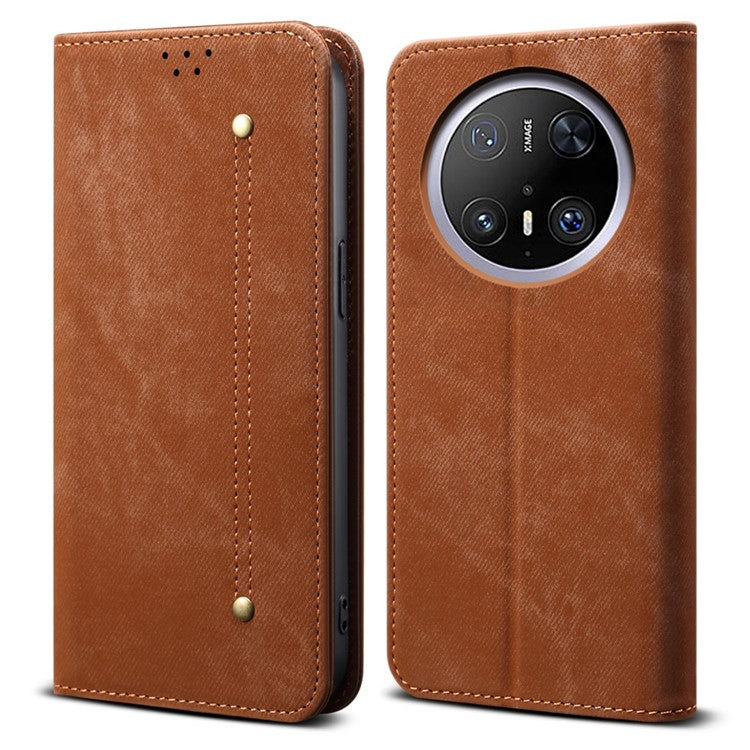 For Huawei Mate 70 Pro / Mate 70 Pro+ Case Jeans Cloth Texture Anti-Scratch Leather Stand Phone Cover - Coffee
