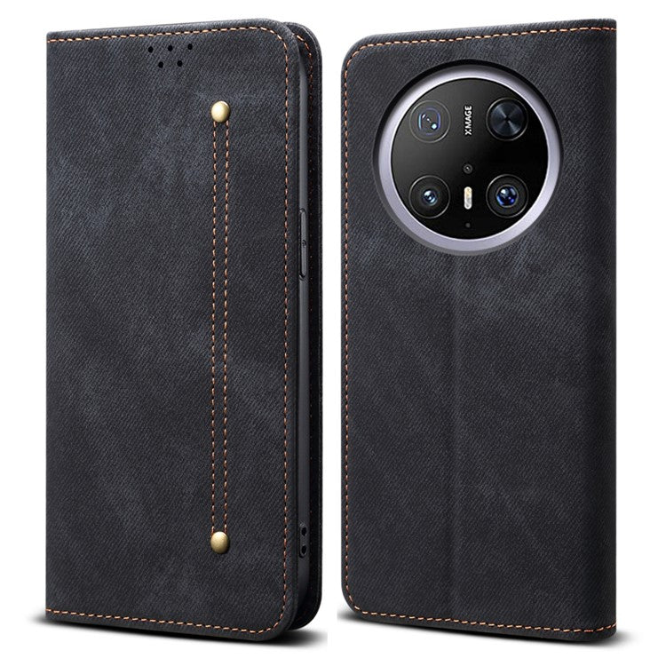 For Huawei Mate 70 Pro / Mate 70 Pro+ Case Jeans Cloth Texture Anti-Scratch Leather Stand Phone Cover - Black