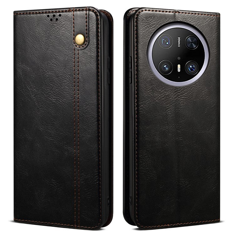 For Huawei Mate 70 Case Crazy Horse Texture Waxy Leather Wallet Stand Phone Cover - Black