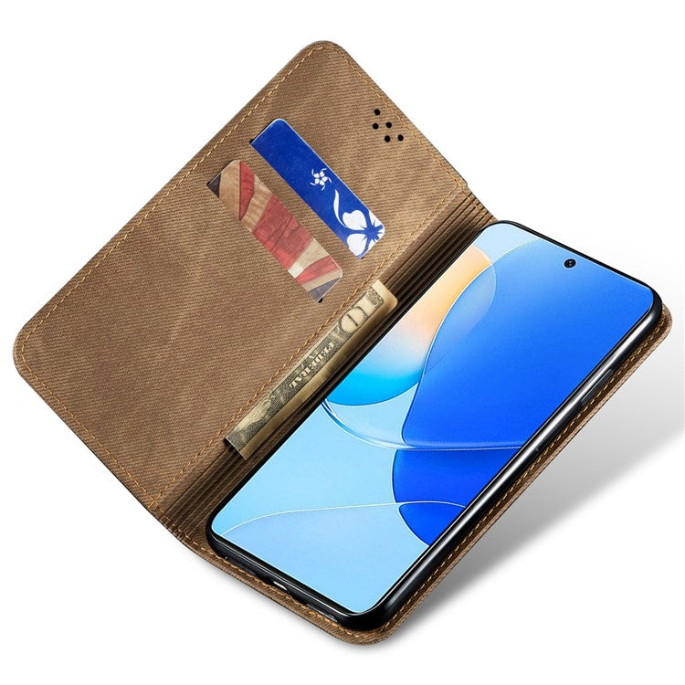 For Huawei Mate 70 Case Jeans Cloth Texture Anti-Scratch Leather Stand Phone Cover - Khaki