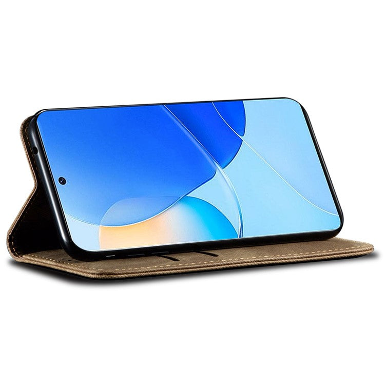 For Huawei Mate 70 Case Jeans Cloth Texture Anti-Scratch Leather Stand Phone Cover - Khaki