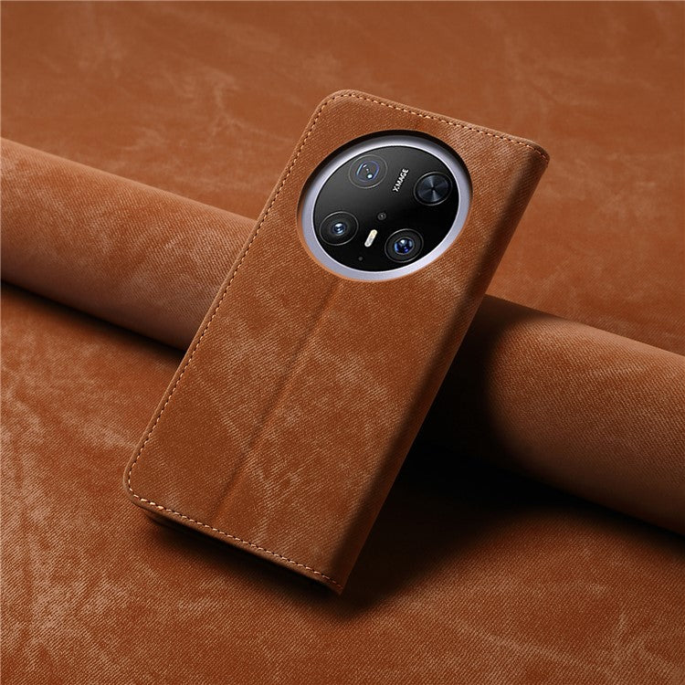 For Huawei Mate 70 Case Jeans Cloth Texture Anti-Scratch Leather Stand Phone Cover - Coffee