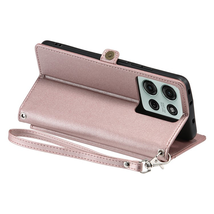 For Motorola Moto G75 5G Leather Case Wallet Stand Phone Cover with Straps - Rose Gold