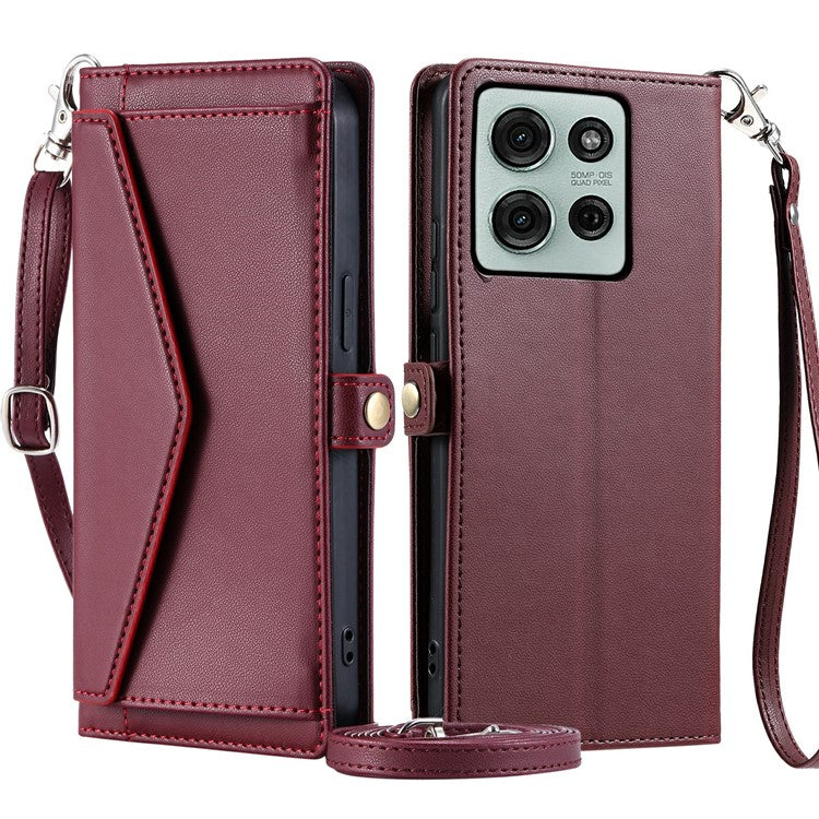 For Motorola Moto G75 5G Leather Case Wallet Stand Phone Cover with Straps - Wine Red
