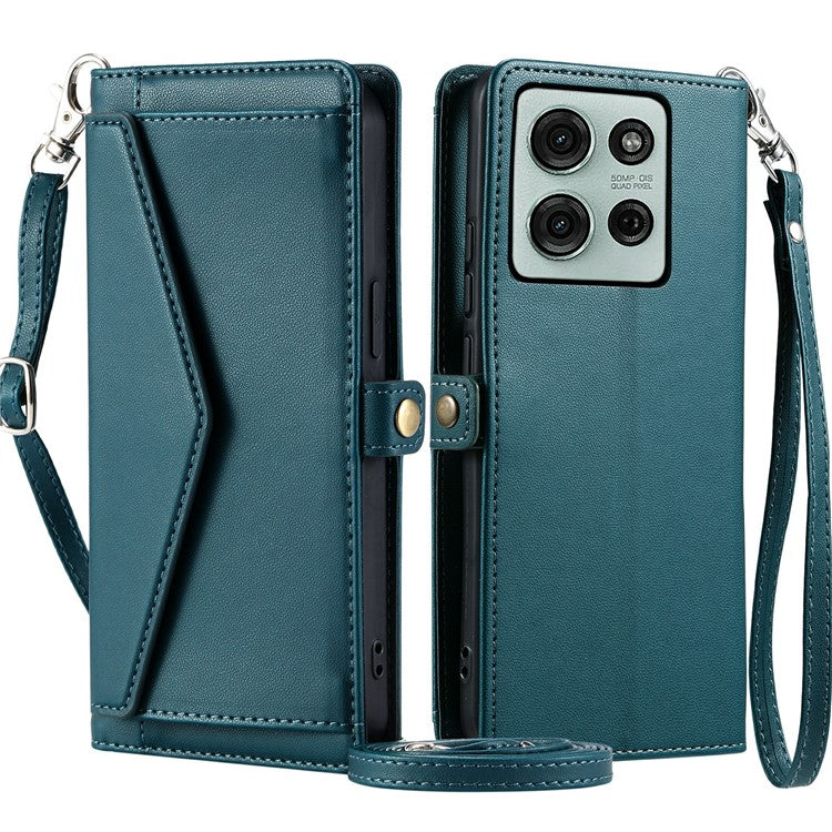 For Motorola Moto G75 5G Leather Case Wallet Stand Phone Cover with Straps - Blackish Green