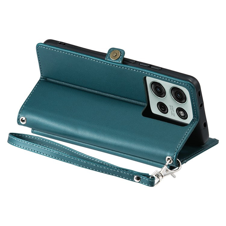 For Motorola Moto G75 5G Leather Case Wallet Stand Phone Cover with Straps - Blackish Green