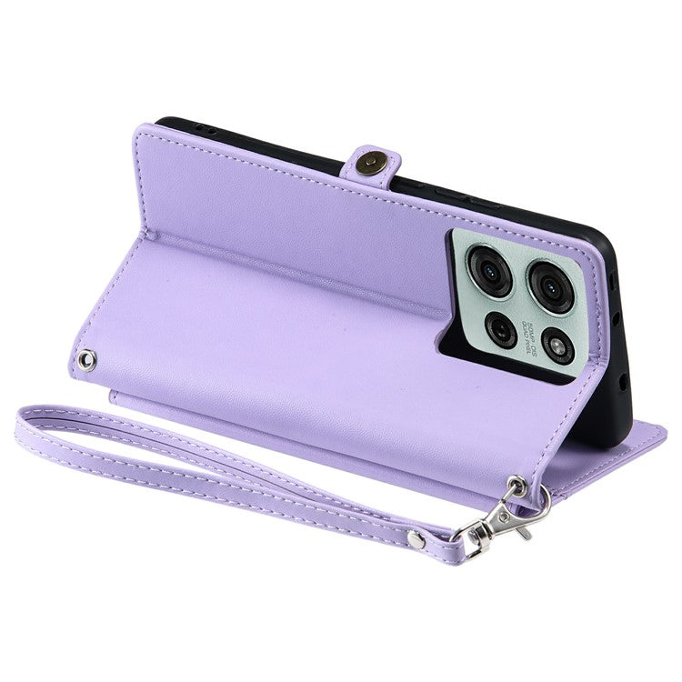For Motorola Moto G75 5G Leather Case Wallet Stand Phone Cover with Straps - Purple