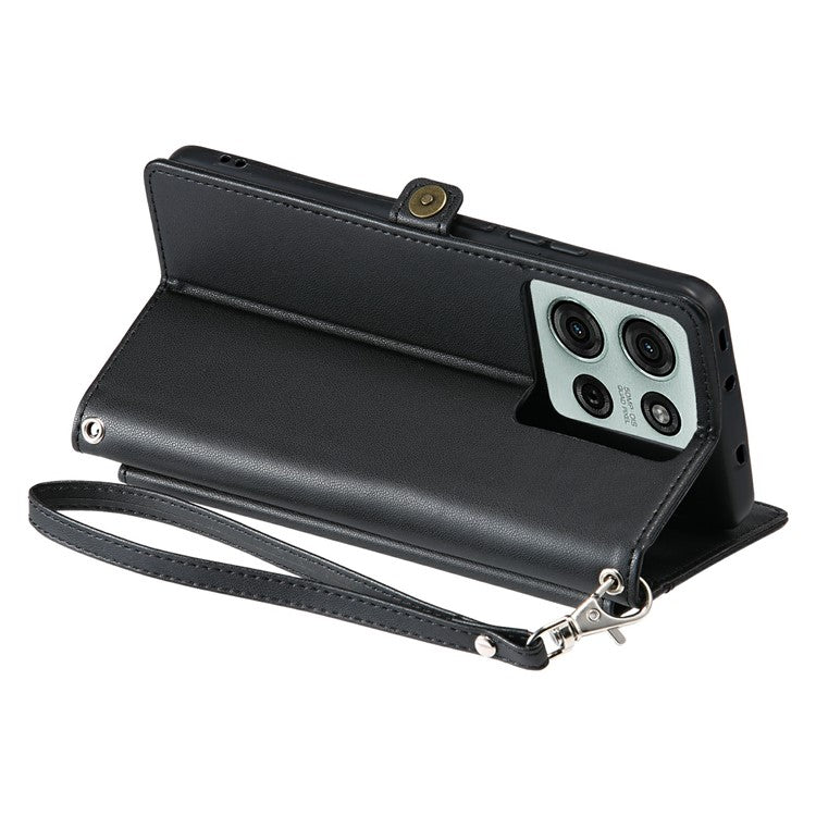 For Motorola Moto G75 5G Leather Case Wallet Stand Phone Cover with Straps - Black