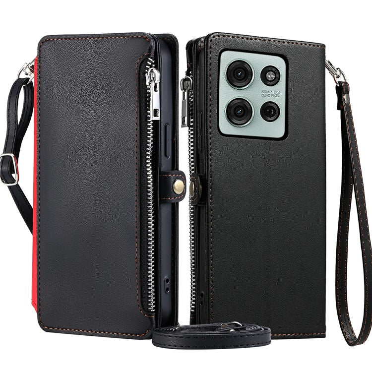 015 Style For Motorola Moto G75 5G Case TPU+PU Leather Wallet Phone Cover with Straps - Black